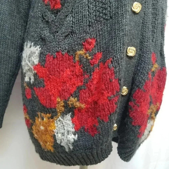 VINTAGE Sk & Company Long V-Neck Floral Wool Knit Cardigan M - Picture 7 of 11